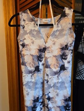 Calvin Klein Floral V-Neck Top in Blue, Cream & Black